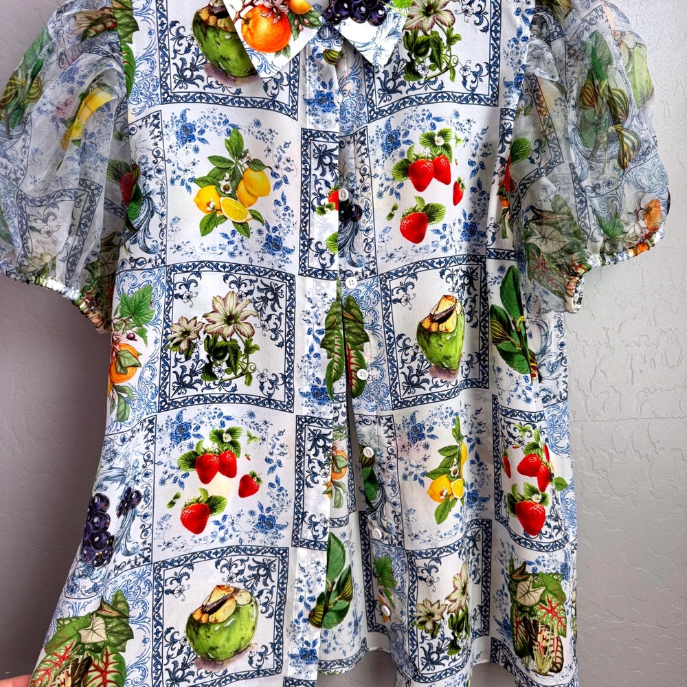 Alice + Olivia Willa Silk Puff Sleeve Blouse Fruit Market - Picture 3 of 16